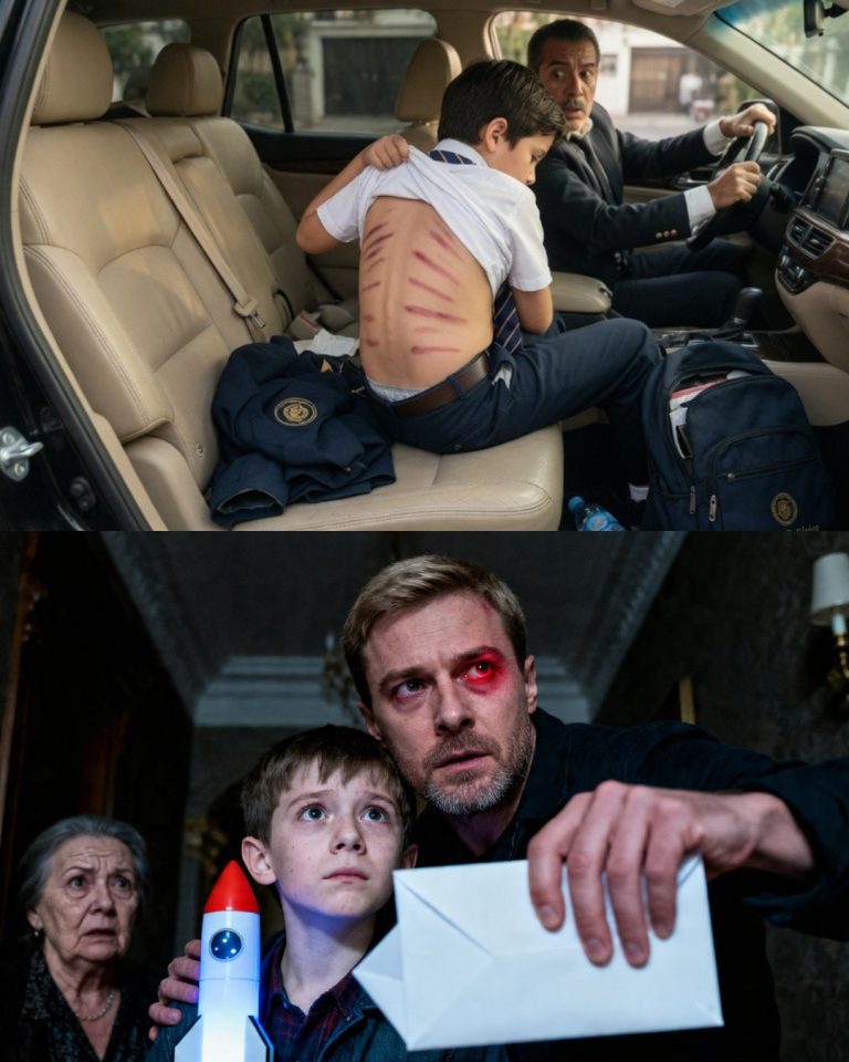 El niño del millonario me mostró su espalda — y la verdad fue peor-iwachanNo crucé ese portón como chófer.  Crucé como el único adulto que ya no podía mirar hacia otro lado.  Cuando la camioneta se detuvo frente a la mansión, Mateo seguía en silencio detrás de mí. Las rejas negras se abrieron despacio. Dos guardias nos miraron entrar sin sospechar nada.    Apreté el volante una última vez y tomé la decisión.  No iba a dejarlo solo esa noche.  Estacioné frente a la entrada principal y me giré hacia él.  “Mateo, escúchame. No vas a subir solo.”  Sus ojos se abrieron de golpe.  “Ella se va a enojar.”  “Que se enoje.”  Negó con la cabeza, aterrorizado.  “Si dice que me porté mal, mi papá le cree.”  Eso fue lo que más me dolió. No los golpes. No las marcas. Sino la certeza con la que ese niño creía que nadie iba a elegirlo a él.  Salí del vehículo, rodeé la camioneta y le abrí la puerta. Mateo bajó despacio. Apenas apoyó los pies en el suelo, hizo un gesto de dolor y me confirmó lo que ya sabía.  Aquello no había pasado una vez.  Llevaba tiempo.  Entramos juntos. El mármol del recibidor brillaba bajo la lámpara enorme del techo. Todo olía a flores frescas y cera de muebles. La casa perfecta. La familia perfecta. La mentira perfecta.  Claudia, el ama de llaves, fue la primera en vernos. Era una mujer de unos sesenta años, pelo recogido siempre en un moño apretado, delantal impecable y una costumbre extraña: jamás levantaba la voz, pero veía todo.  Miró a Mateo. Luego me miró a mí.  No hizo preguntas tontas.  “¿Qué pasó?” preguntó en voz baja.  “Necesito ver al señor Alejandro. Ahora.”  Claudia bajó la mirada a la forma en que Mateo se encorvaba al estar de pie. Su expresión cambió apenas, pero cambió.  “Está en el despacho con la señorita Valeria.”  Sentí el pulso en la garganta.  “Entonces mejor.”  Claudia entendió al instante que aquello iba en serio.  “Yo me quedo con el niño si hace falta.”  “No,” dije. “Tiene que estar conmigo.”  Mateo me agarró la manga del saco con dos dedos. Un gesto pequeño. Casi invisible.  Pero lo sentí como si me hubiera puesto en las manos toda su vida.  Subimos por el pasillo largo del primer piso. Cada paso sonaba demasiado fuerte sobre el suelo pulido. Frente a la puerta del despacho, me detuve un segundo.  Dentro se oían dos voces.  La de Alejandro, tranquila. La de Valeria, suave, casi musical.  Quise derribar la puerta.  Toqué una vez y entré sin esperar respuesta.  Alejandro levantó la vista, molesto.  “Rafael, ¿qué significa esto?”  Valeria estaba junto al bar, con una copa en la mano. Perfecta. Serena. Como si el mundo entero fuera una sala puesta a su medida.  “Mateo llegó lastimado,” dije.  Valeria ni parpadeó.  “Se cayó en la escuela,” respondió antes de que yo siguiera.  Mentía con una facilidad monstruosa.  Alejandro frunció el ceño y miró a su hijo.  “¿Te caíste?”  Mateo bajó la cabeza al instante.  Ahí lo vi claro.  No le tenía miedo a la verdad. Le tenía miedo a ella.  Di un paso al frente.     “No se cayó.”  Valeria me miró por primera vez con esa frialdad que algunas personas esconden debajo de una sonrisa bonita.  “Creo que estás olvidando cuál es tu lugar.”  “Mi lugar,” le respondí, “es al lado del niño al que usted le pegó con un cinturón.”  El despacho quedó congelado.  Alejandro dejó el vaso sobre la mesa.  “¿Qué acabas de decir?”  Valeria soltó una risa corta, incrédula.  “Esto es absurdo.”  Pero yo ya no estaba hablando con ella.  “Señor, su hijo tiene la espalda llena de marcas. Viejas y nuevas. No son de una caída. Él me lo dijo en el coche.”  Alejandro miró a Mateo otra vez. Esta vez de verdad.  No como un padre distraído.  Como un hombre que de pronto comprende que algo terrible ha estado ocurriendo dentro de su propia casa.  “Mateo,” dijo, con la voz quebrada, “mírame.”  El niño no podía.  Valeria se acercó un paso.  “Cariño, dile a tu papá que estás confundido.”  Mateo se estremeció entero.  Ese gesto bastó.  Alejandro lo vio. Claudia, que ya se había quedado cerca de la puerta, también.  Y yo entendí que no era la primera vez que alguien sospechaba.  Solo era la primera vez que alguien se atrevía a romper el guion.  “Enséñale,” le dije a Mateo, despacio. “Solo si quieres.”  Valeria cambió el tono.  “Mateo, no hagas un drama.”  Entonces Claudia habló, sin moverse de la puerta.  “La semana pasada la camisa del niño tenía sangre en el cuello.”  Valeria giró la cabeza hacia ella con una furia helada.  “Cállate.”  Claudia no se calló.  “Y hace tres meses escuché llorar al niño en el ala este. Usted dijo que eran pesadillas.”  Ahí se rompió algo.  No en la casa.  En Alejandro.  Mateo, temblando, se levantó la parte de atrás de la camisa.  No hizo falta más.  Alejandro dio un paso atrás como si lo hubieran golpeado a él. Se llevó una mano a la boca. No podía apartar la vista de la espalda de su hijo.  “Dios mío.”  Valeria dejó la copa en la barra con demasiado cuidado. Ese tipo de cuidado que usa la gente cuando ya está calculando la salida.  “No es lo que parece.”  Alejandro se volvió hacia ella.  “¿Qué parte no parece lo que es?”  Ella cambió rápido. Negación. Excusa. Culpa compartida.  “Es un niño difícil. Manipula. Se golpea. Miente. Tú nunca estás y alguien tiene que poner límites.”  Mateo empezó a llorar sin hacer ruido.  Image  Ese llanto silencioso me desgarró más que cualquier grito.  Porque un niño solo aprende a llorar así cuando ya entendió que su dolor molesta.  “No vuelvas a hablarle,” le dije.  Valeria me ignoró y fue directo a Alejandro.  “Sabes cómo es esto. La prensa. Tu apellido. Si armas un escándalo por una mala interpretación, nos destruyes.”  Y ahí estaba el verdadero corazón del problema.  No era solo crueldad.  Era comodidad. Poder. Imagen. Años de puertas cerradas, gente bien pagada y silencios bien entrenados.  Alejandro tomó el teléfono que tenía sobre el escritorio. Pensé que llamaría a seguridad. Pensé que me echaría de la casa.  En vez de eso, marcó al abogado de la familia.  “No vengas,” le dijo cuando respondió. “Consígueme a la policía y a un médico. Ahora.”  Valeria perdió el color.  “Alejandro, piénsalo.”  “Llevo demasiado tiempo sin pensar,” respondió.  Luego miró a Claudia.  “Llama a la pediatra de Mateo. Y a una fotógrafa forense, si pueden traer una.”  No era un hombre acostumbrado a improvisar.  Era un hombre acostumbrado a controlar daños.  Y por primera vez, el daño no iba a taparse.  Valeria intentó acercarse a Mateo, pero yo me interpuse.  “Ni un paso más.”  Me sostuvo la mirada como si aún creyera que podía doblar la realidad con su voz.  “Te arrepentirás de esto.”  “No tanto como usted.”  Minutos después, dos agentes llegaron con una médica de guardia. La casa ya no parecía una mansión. Parecía una escena del crimen escondida detrás de jarrones caros.  La doctora revisó a Mateo en una habitación privada, con Claudia a su lado y yo afuera de la puerta. Desde el pasillo oía el murmullo de la médica, el roce de guantes, el llanto ahogado del niño.  Cada sonido se me quedó clavado.  Uno de los agentes tomó mi declaración. Le conté todo. Lo que vi esa tarde. Lo que él me dijo. Lo que observé durante meses.  Claudia también habló. Dijo que había querido denunciar antes, pero no tenía pruebas y temía que la echaran antes de sacar al niño de allí. No la juzgué.  El miedo también se organiza.  A veces usa uniforme.  A veces usa delantal.  A veces usa anillo de compromiso.  Cuando la doctora salió, traía el rostro tenso.  “Hay lesiones recientes y antiguas,” dijo. “Esto es sostenido. No accidental.”  El agente asintió y fue directo al despacho.  Valeria seguía allí, sentada muy erguida, como si aún esperara que alguien recordara su apellido, su vestido, su papel en las revistas.  Le leyeron sus derechos frente al mismo ventanal donde minutos antes tomaba vino.  No gritó.  No se quebró.  Solo buscó a Alejandro con la mirada, esperando que él la salvara una última vez.  Él no lo hizo.  Cuando se la llevaron, pasó junto a mí y murmuró:  “Esto no termina aquí.”  Puede que tuviera razón.  Pero para ella sí terminaba una cosa.  Image  La impunidad.  Esa noche, Alejandro se quedó sentado en la cocina, no en el despacho. Sin saco. Sin teléfono. Sin esa armadura invisible que usan los hombres poderosos para no tocar el desastre.  Mateo estaba arriba, dormido por fin, después de que la doctora le limpiara las heridas y le diera algo para el dolor. Claudia no quiso separarse de él.  Yo tampoco quería irme, pero no sabía si me correspondía quedarme.  Alejandro me pidió que me sentara.  Tardó mucho en hablar.  “Lo vi cambiar,” dijo al fin. “Lo vi apagarse. Y elegí creer las explicaciones fáciles.”  No respondí.  Porque tenía razón.  “Yo la metí en esta casa.”  “Sí,” dije.  Me miró como si esperara una mentira piadosa. No se la di.  “Pero hoy también fue usted quien la sacó.”  Se cubrió los ojos con una mano.  “Eso no borra nada.”  “No.”  La verdad no cura por sí sola.  La verdad apenas abre la puerta. Luego hay que entrar y hacerse cargo de todo lo que dejó pudriéndose adentro.  A la medianoche llegaron dos especialistas en protección infantil. Hablaron conmigo, con Claudia y con Alejandro. Explicaron el protocolo. Mateo no podía quedarse sin seguimiento. Habría entrevistas, evaluaciones, medidas cautelares.  Alejandro firmó todo sin mirar los papeles dos veces.  Yo me ofrecí a declarar nuevamente cuando hiciera falta.  También me ofrecí para algo más.  “Si Mateo quiere, puedo seguir llevándolo a la escuela cuando esto pase. Solo si él quiere.”  Alejandro asintió, pero la respuesta importante no era la suya.  A la mañana siguiente, cuando el sol entró por las ventanas de la cocina, Mateo bajó con una sudadera ancha y caminó directo hacia Claudia. Luego me miró a mí.  “¿Usted va a volver?”  No pude hablar por un segundo.  “Sí,” le dije. “Si tú quieres, sí.”  Me sostuvo la mirada, como si estuviera probando si esa promesa se rompía fácil o no.  Luego asintió.  Fue un gesto pequeño.  Pero esa vez no estaba lleno de miedo.  Dos semanas después, Valeria ya enfrentaba cargos. La prensa descubrió el caso de todos modos. Hubo titulares, cámaras afuera, rumores, basura. La familia Herrera dejó de parecer intocable. Y tal vez eso era necesario.  Porque algunas casas solo dejan entrar el aire cuando alguien rompe una ventana.  Mateo empezó terapia. Claudia se convirtió en su punto de calma. Alejandro cambió horarios, canceló viajes y por primera vez aprendió la rutina completa de su hijo: qué cereal prefiere, qué dibujo repite, qué ruido hace cuando tiene miedo en la noche.  No era redención.  Era trabajo.  Del duro.  Del que llega tarde, pero tiene que sostenerse todos los días.  Yo seguí llevándolo a la escuela. Las primeras veces casi no habló. Después empezó con cosas pequeñas. Un examen. Un compañero pesado. Un gol en educación física.  Una mañana, antes de bajar del auto, me dijo:  “Ya no me duele tanto.”  No supe si hablaba de la espalda.  Quizá él tampoco.  Lo vi entrar por la puerta de la escuela con la mochila bien puesta y los pasos un poco más firmes. No era un final perfecto. Esos no existen.  Pero era un comienzo limpio. Y a veces eso ya es enorme.  Meses después, cuando pensé que al fin todo estaba entrando en calma, Claudia me llamó una noche y me dijo que había llegado una carta sin remitente a la casa.  Venía dirigida a Mateo.  Y dentro solo había una frase.