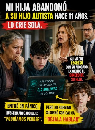 Mi hija abandonó a su hijo autista hace 11 años. Lo crie sola. A los 16, creó una aplicación que valía 3,2 millones de dólares. Entonces su madre regresó con su abogado, exigiendo el dinero de su hijo. Entré en pánico. Nuestro abogado dijo: “Podríamos perder”. Pero mi sobrino susurró con calma: “Déjala hablar”