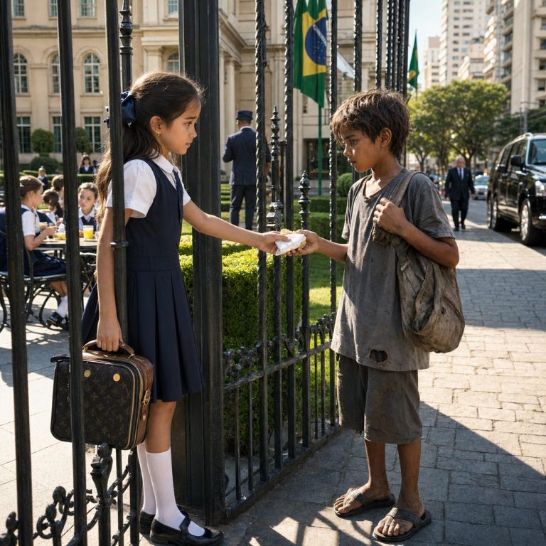 Um menino sem-teto ficava todos os dias em frente ao portão de uma escola na hora do almoço… e uma menina rica sempre dividia metade da comida dela com ele escondida. Até que, um dia, uma família o adotou. Antes de ir embora, ele olhou para ela e disse: — Quando eu crescer… eu volto para te buscar.